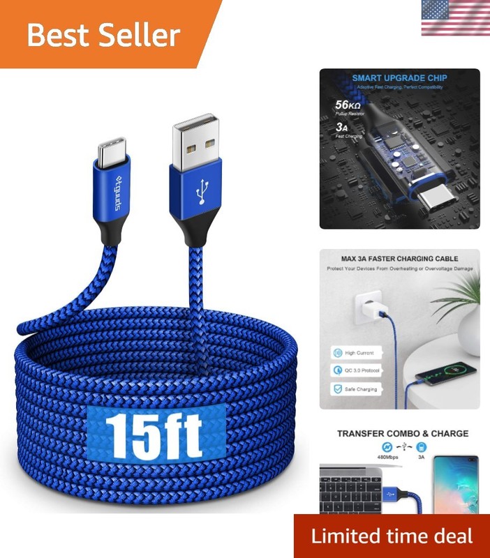 Extra Long 15ft USB Type C Cable – Fast Charging & Data Sync in Stunning Blue