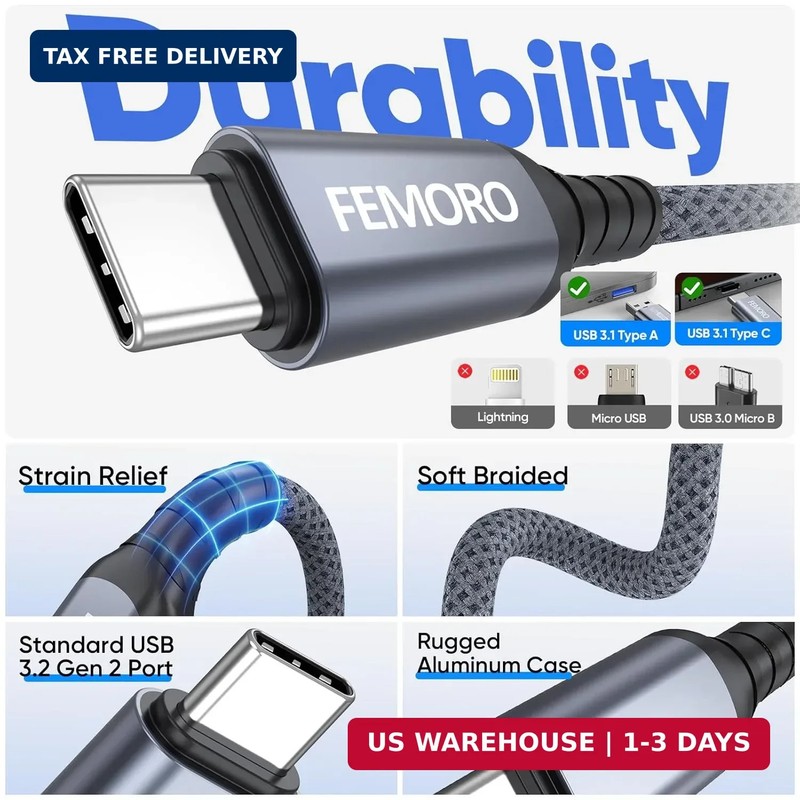 FEMORO USB A to USB C Data Cable 3ft, USB 3.1/3.2 Gen 2 A to Type C 10Gbps High gallery