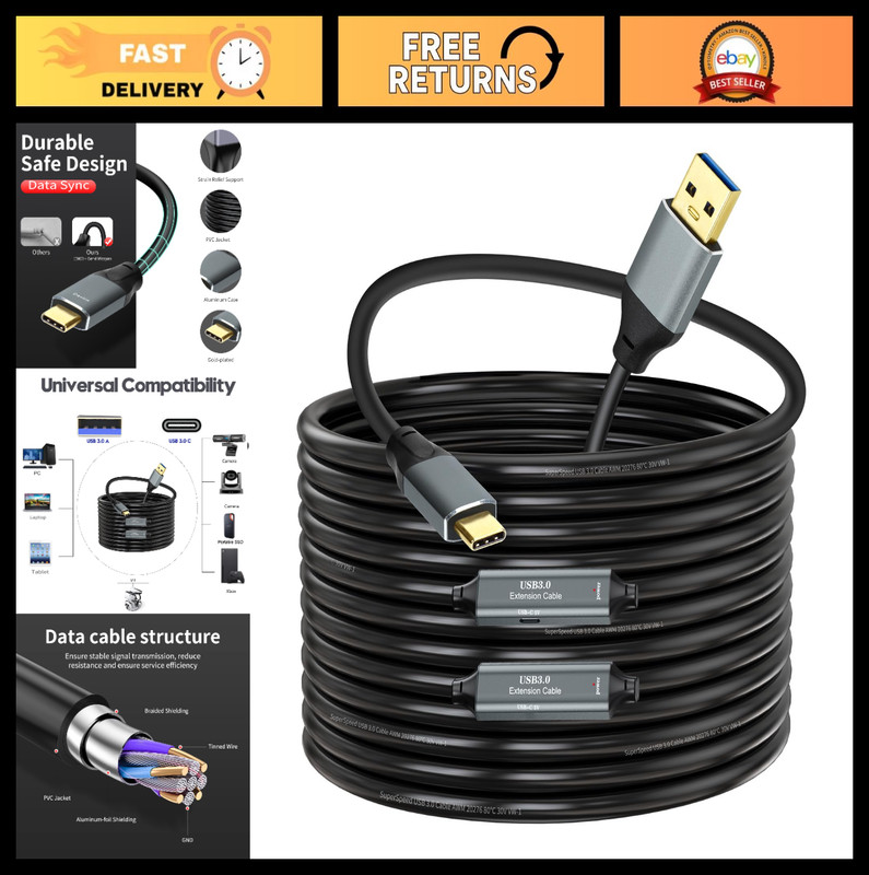 50ft USB 3.0 A to C Cable, 5Gbps High-Speed for VR, Xbox, Laptop, Camera & More