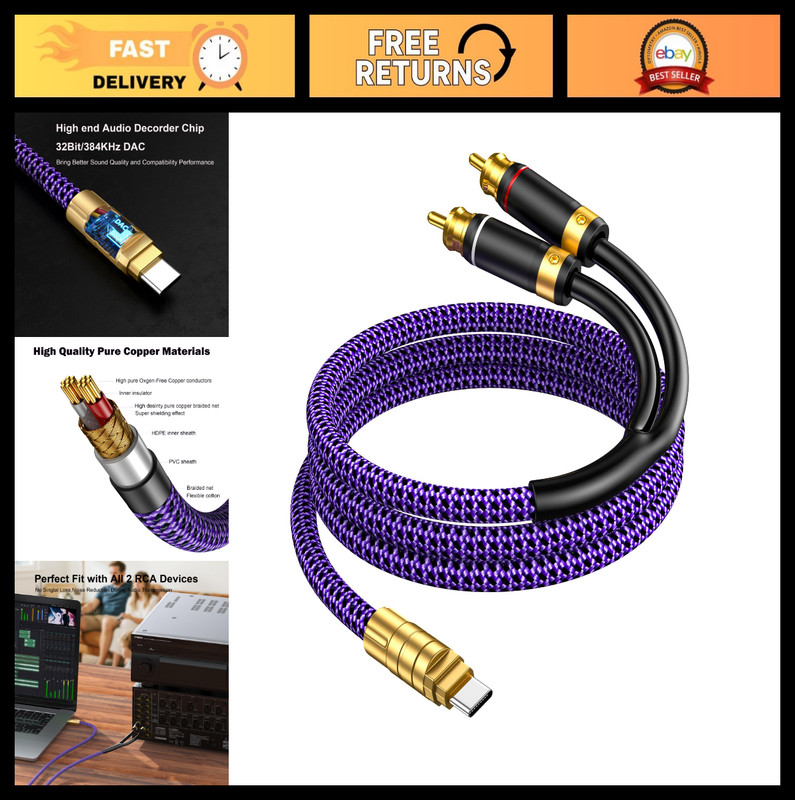 USB C to RCA Audio Cable 3m, Type C to 2 RCA Y Splitter for Home Theater, Car St