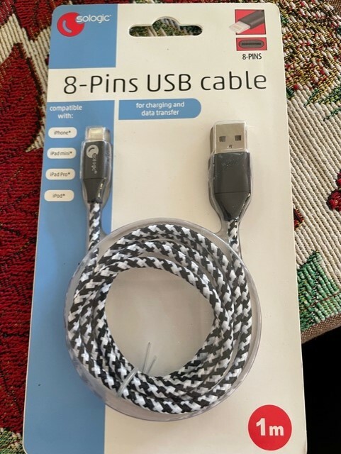 Sologic iPhone Ipad MINI & PRO IPOD 8 PIN Cloth Cable USB Charging Cord 1M B/W