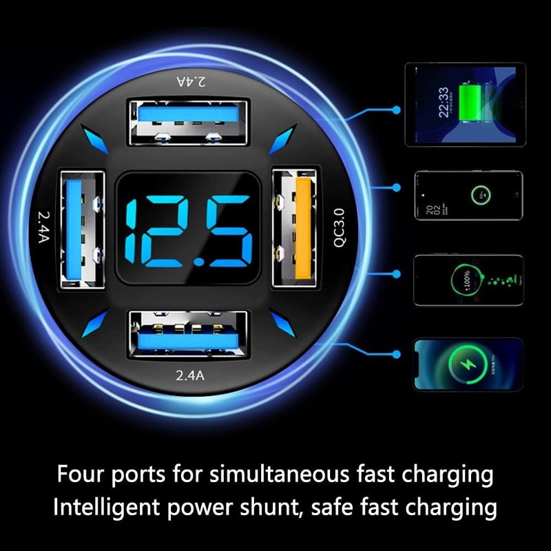 Super Fast 66W Aokdom Car Charger 4 Ports QC 3.0 + USB 2.4A, LED & Voltmeter, 12 gallery