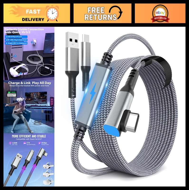 16FT VR Link Cable for Meta Quest 3/2/Pro – Play & Charge, Stable Data Transfer