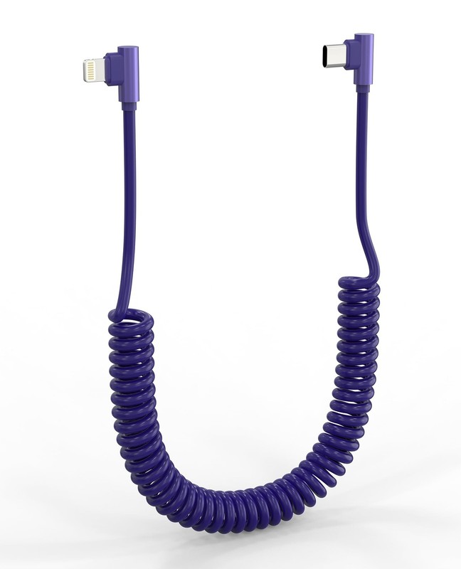 90 Degree Coiled USB-C to Lightning Cable – MFi Certified Right 3 feet, Blue