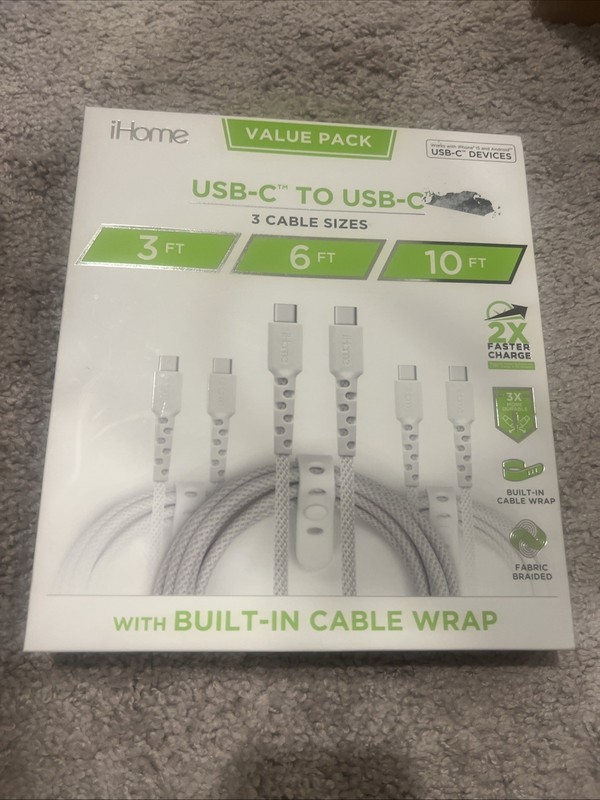 iHome TPE Durastrain USB-C to USB-C Nylon Braided Charging Cable 3PK 2IHCC2292W0