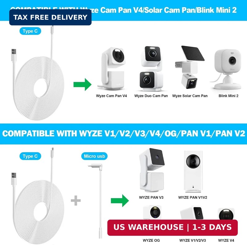 2 Pack 10FT Power Extension Cable Compatible with Wyze Cam v4/v3/OG,Wyze Cam Pan gallery