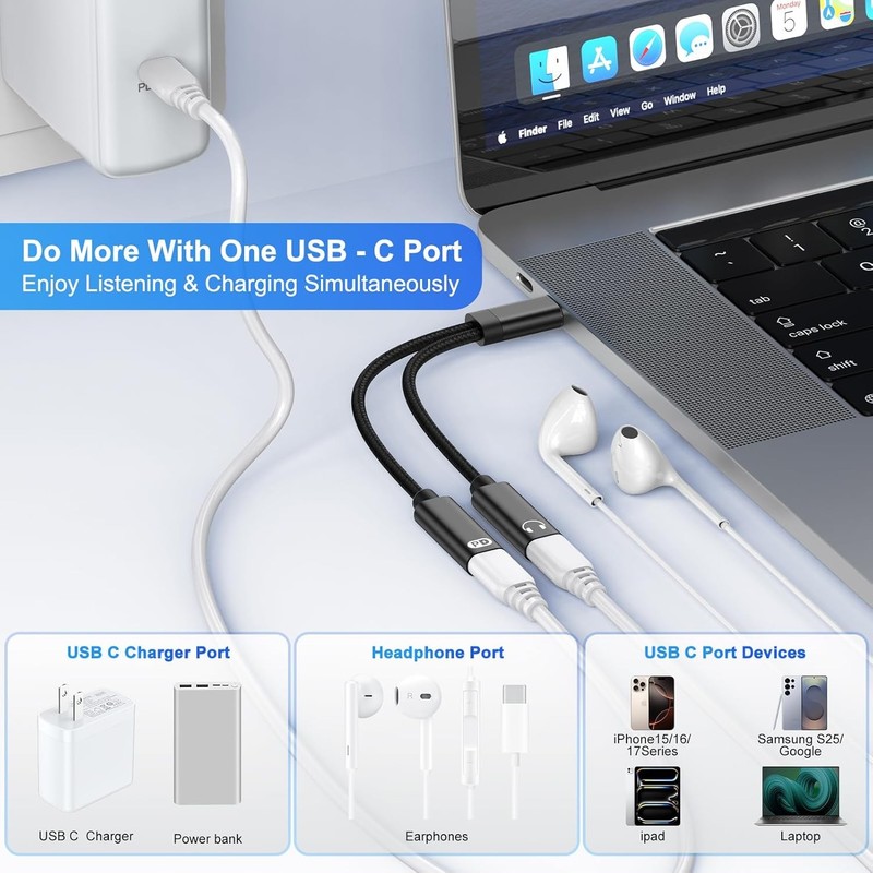 USB C Splitter Cable,Dual USB C Headphone Charger Adapter for Samsung Galaxy A17 gallery