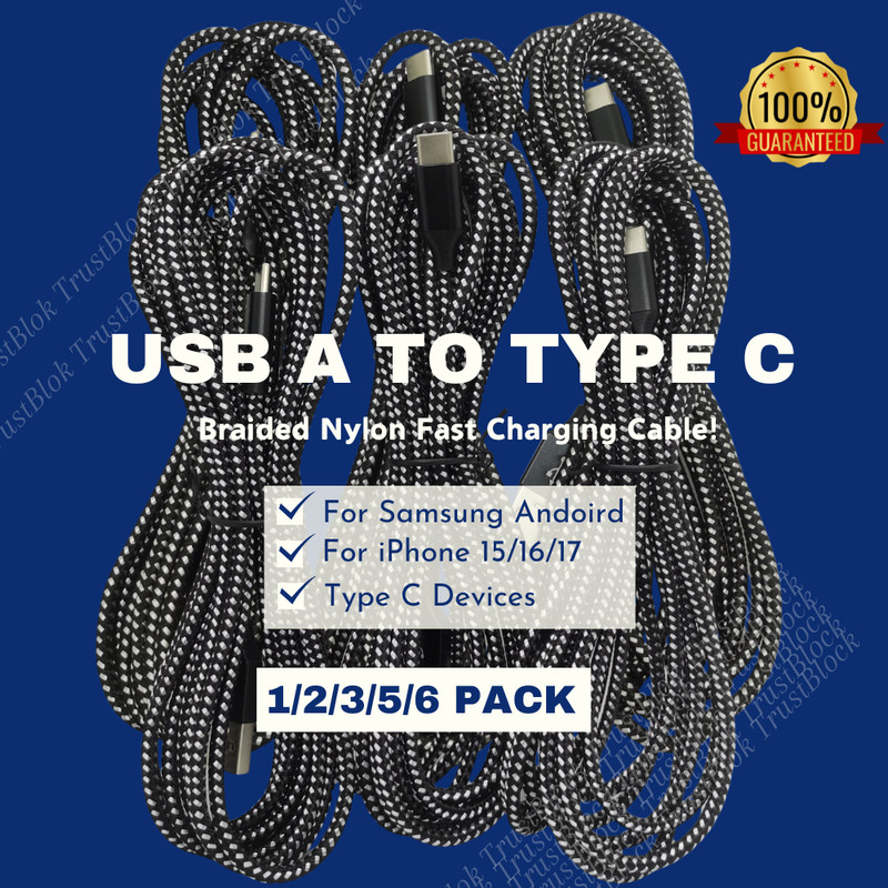 1-6 Pack Lot 3M USB C Fast Charger Cable Charging Cord For Samsung S8 S9 S10 S20