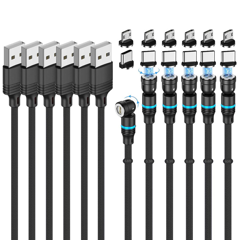 Magnetic Charging Cable (6-Pack,1.6+3.3+3.3+6.6+6.6+10Ft) 540° Rotation Magnet P