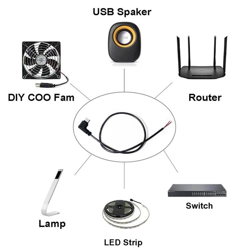 5Pcs 25CM 22AWG Right Angle USB -2 Core Pigtail Cable, 3A 5V 90Degree USB-Plu... gallery