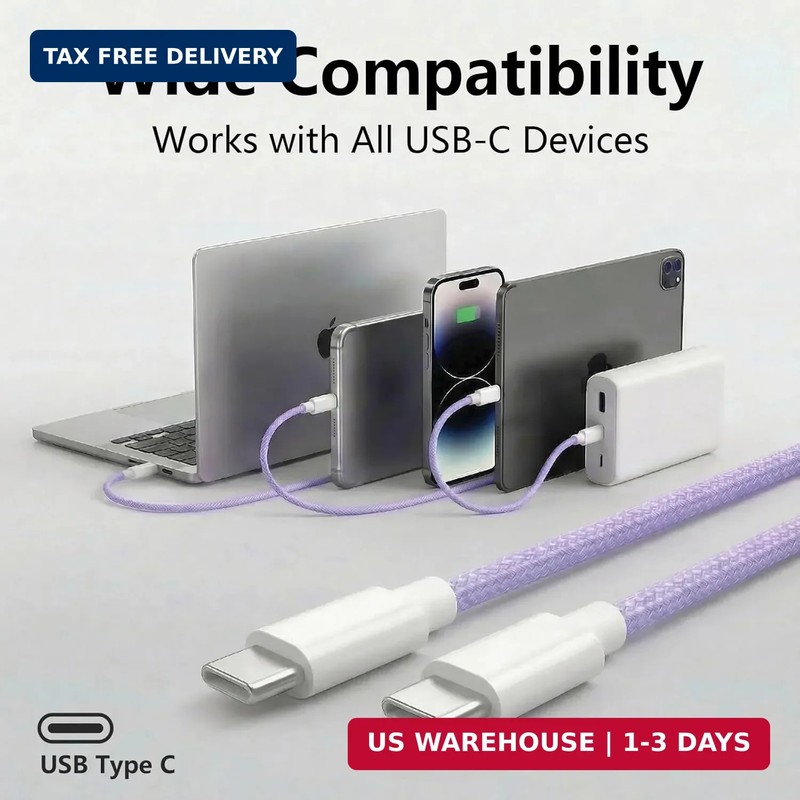 60W USB C to C Cable 6FT 2 Pack Purple Braided Fast Charging Type C Cord gallery