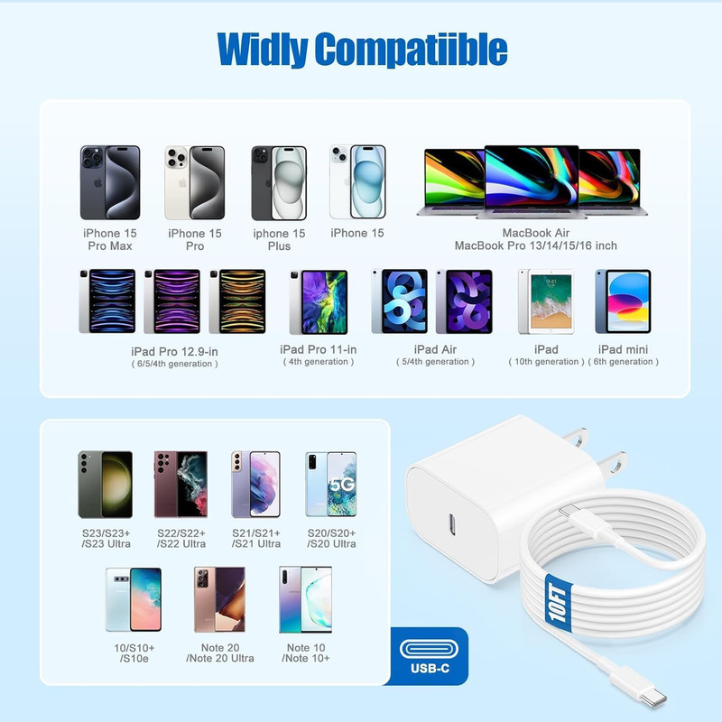 Iphone 17 16 15 Fast Charger Block and 10Ft Type C to C Cable Cord Long, 20W gallery