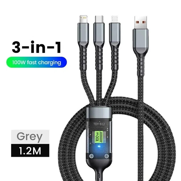 3-in-1 100W 5A Fast Charging USB To Type-C Micro Fast Charger Cable For All 2m