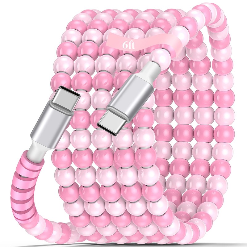 USB C to C Cable 6FT 60W PD Fast Charging Beaded Charger Cord Cute Pink