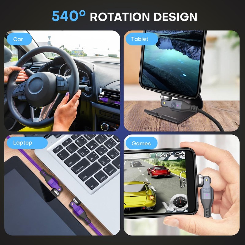 Black 6 Ft 240W PD Type C To Type C Fast Charging USB 2.0 Data Cable 360 Spin gallery