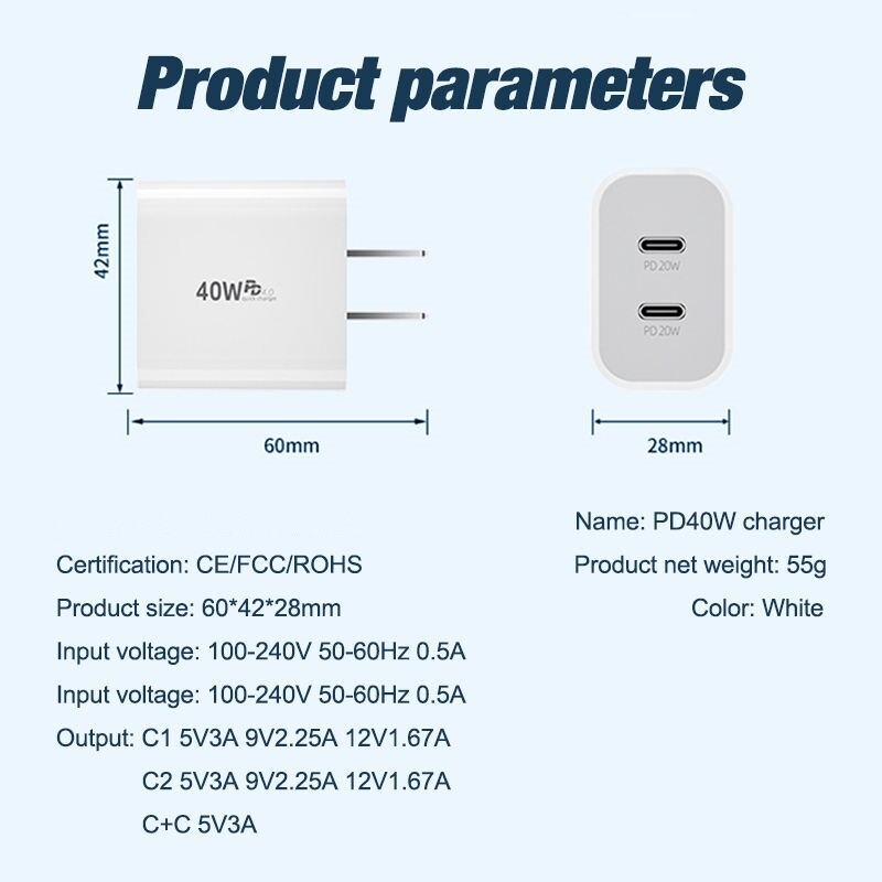 Fast Charger PD 40W Dual USB-C Adapter Type-C Cable For Samsung iPhone 15 16 17 gallery