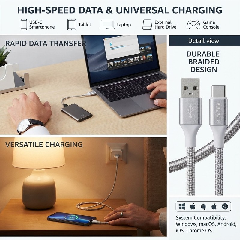 AB Double Braided Nylon USB-C to USB-A 3.1 Gen 1 Charger Cable 6ft Silver Fast gallery