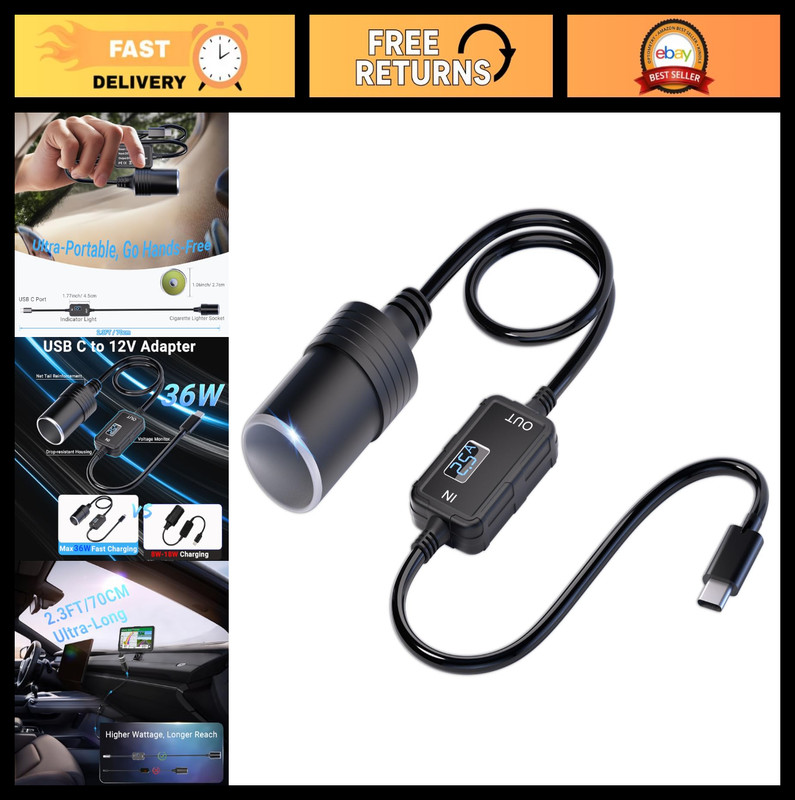 USB C to 12V Cigarette Lighter Adapter, 36W Type C Power Cable for Dash Cam, GPS