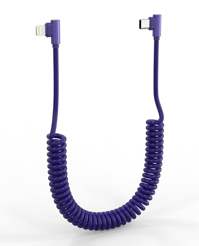 90 Degree Coiled USB-C to Lightning Cable - Mfi Certified Right 3 Feet, Blue