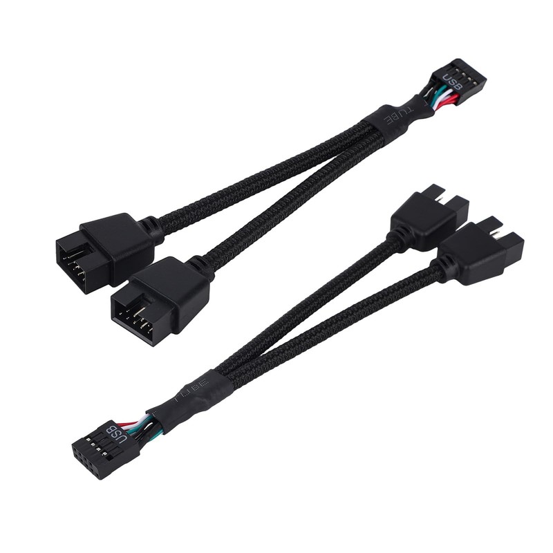 2 PCS Black Braided USB 2.0 To Dual 9 Pin Header Splitter Y Extension Cable