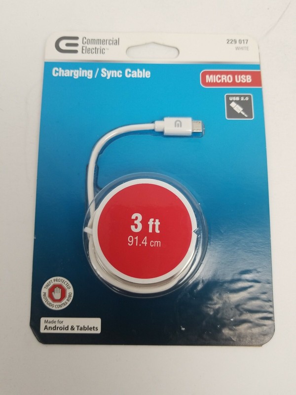 Commercial Electric 3ft Charging Sync Cable ~ Micro USB to USB 2.0
