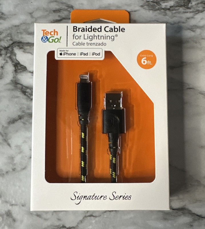 Tech & Go 6ft USB Braided Charge Cable for iPhone iPad iPod – NEW-Black & Yellow