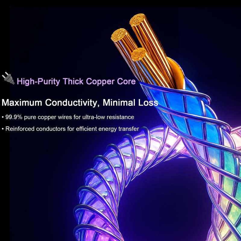 6ft USB C Charger Cable with LED Light, 66W Fast Charging, RGB Color Changing, D gallery