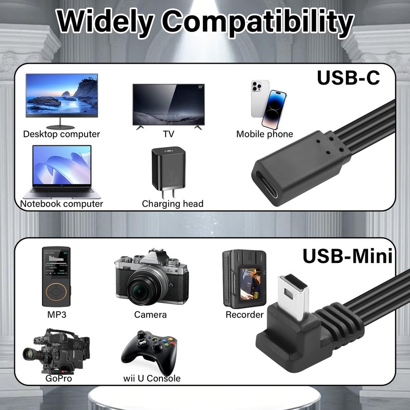 Type C To Mini USB Flat Cable 90 Degree 5Pin Female To Male Adapter 0.65FT gallery