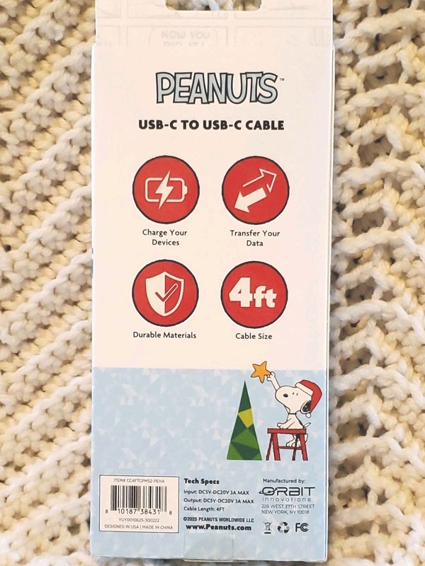 🎄 Peanuts USB-C Charging Cable - Snoopy Christmas Tree 4FT Data/Sync Cord gallery