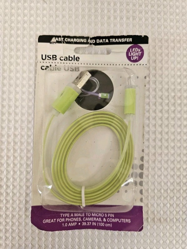 NWT USB Cable Charger Type A To Micro 5 Pin Green Light Up Micro USB