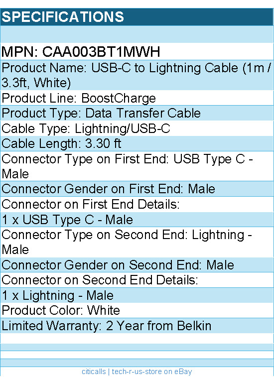 Belkin CAA003bt1MWH BoostCharge USB-C Cable (1 meter / 3.3 foot, White) gallery