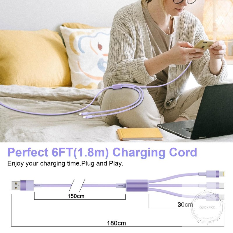 3-in-1 Multi USB Charging Cable 6ft/1.8m Mfi Certified Fast Charger Adapter Cord gallery
