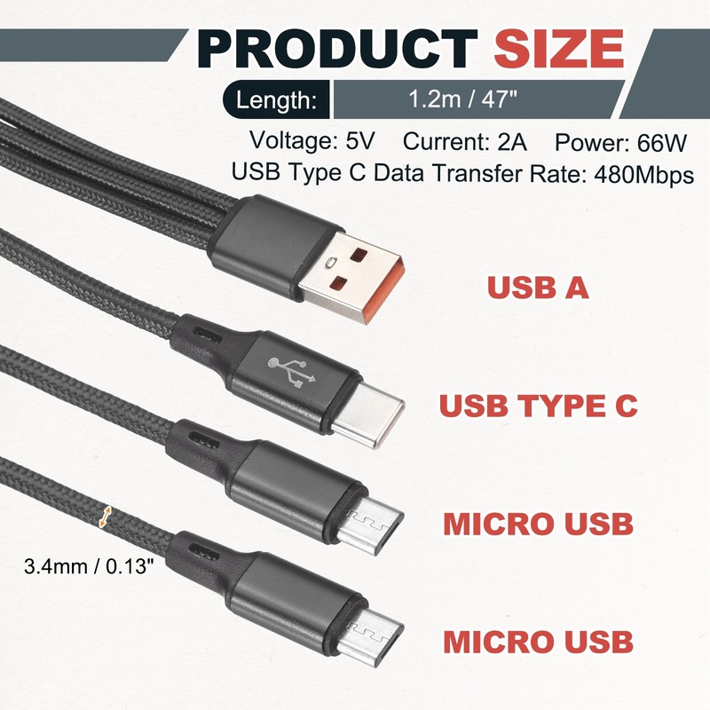 Multi USB A to 2 Micro USB and USB Type C 1 in 3 Out Cable 47", Black gallery