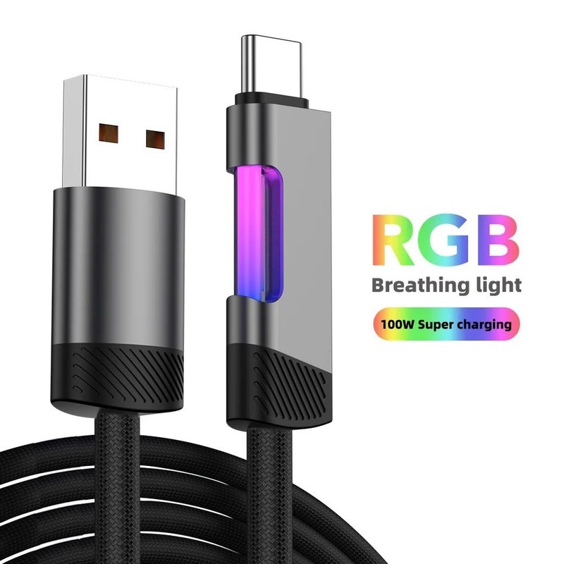 RGB Fast Charging Cable 120W 6A USB Type C Charger Cable Ambient Light