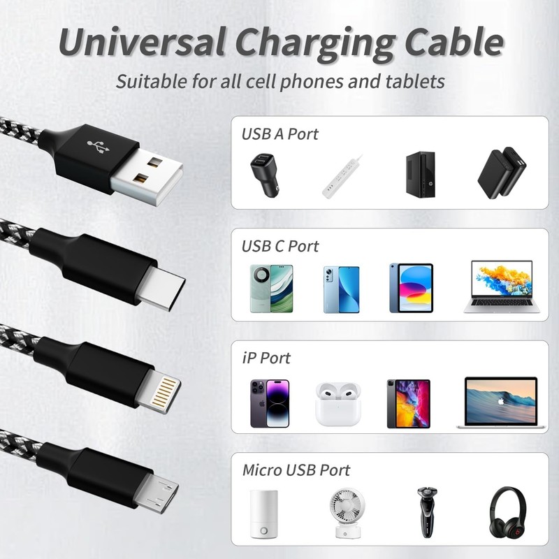 Travel Essentials Multi Charging Cable, USB Cable Universal Charger, 2Pc4FT gallery