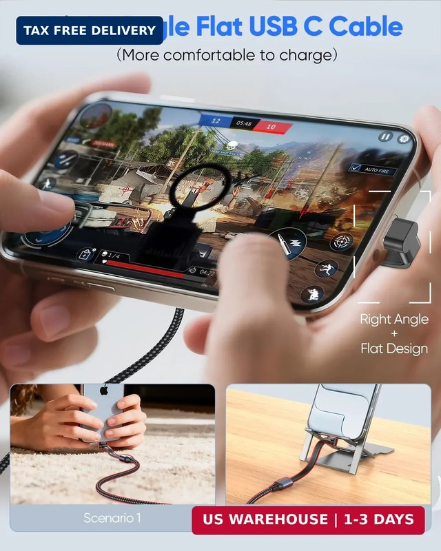 90 Degree USB C Cable 1FT, Right Angle USB C Cable Flat 60W Fast Charging Nyl... gallery