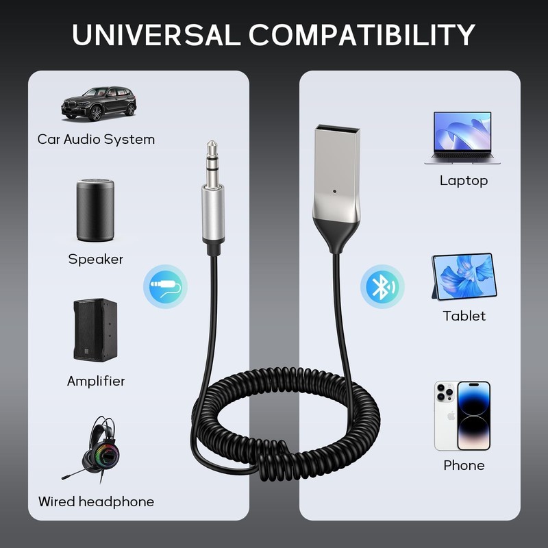 Aux to Bluetooth 5.3 Adapter for Car, USB 2.0 to 3.5mm Bluetooth Receiver Jac... gallery