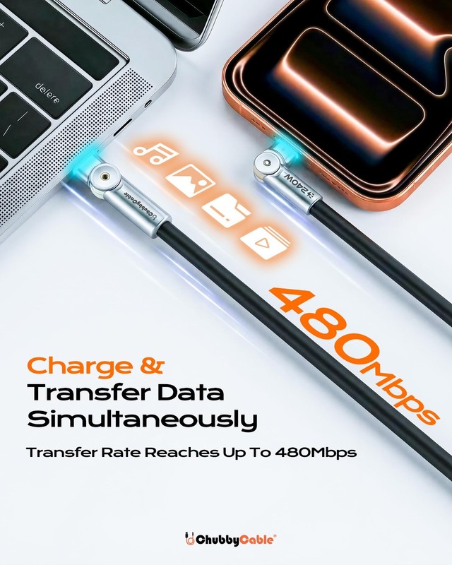240W Dual 180° Rotating Fast Charging Cable, LED Light, Soft Silicone, 6.6ft, Du gallery