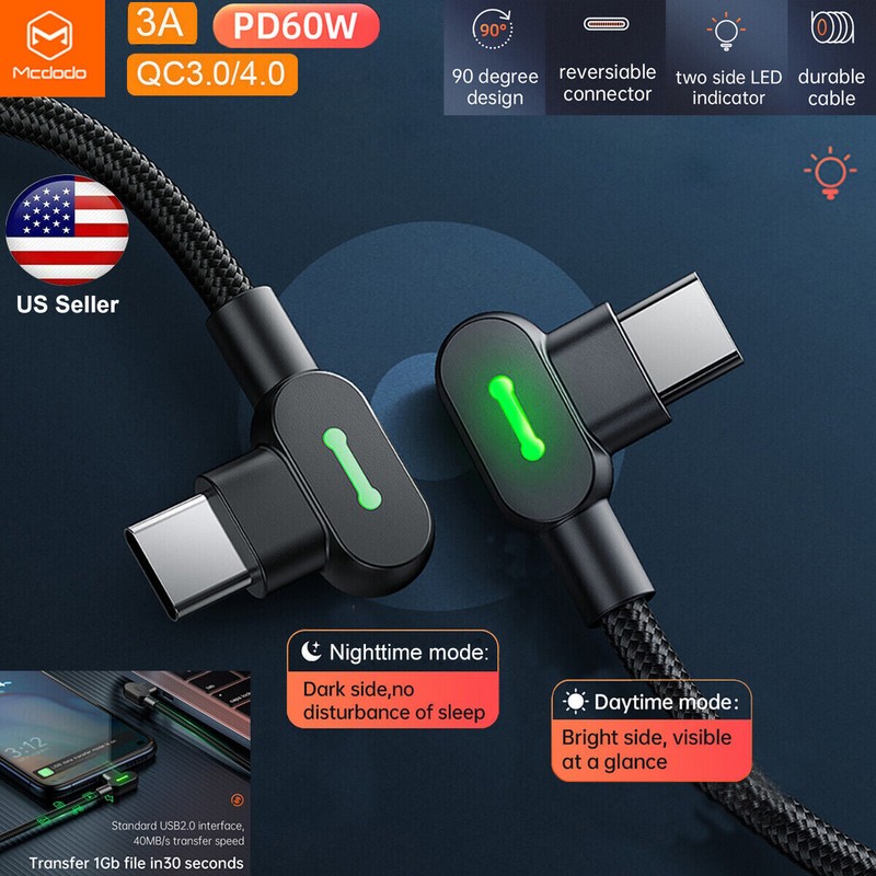 Type C To Type C Cable PD 60W MCDODO Fast Charging Cord Charger 90° Degree Angle