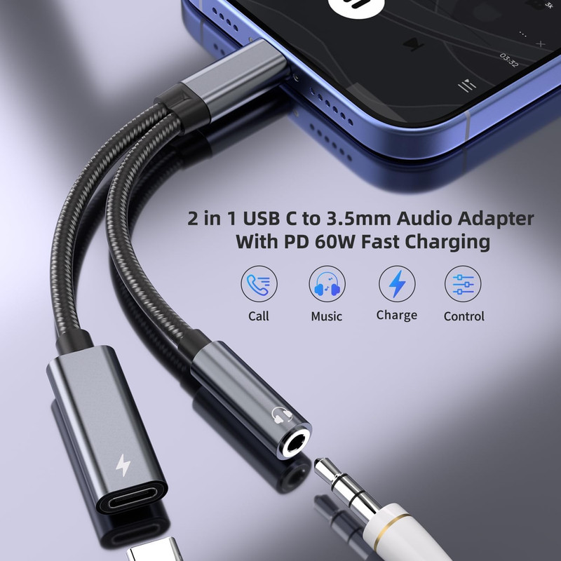 Samsung Galaxy S25 Headphone Adapter, USB C to AUX Mic Jack with PD 60W Fast Cha gallery