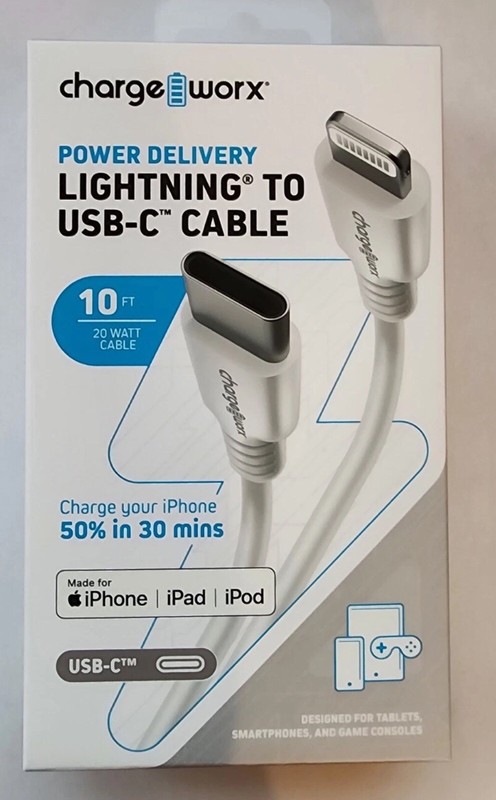🔥🔥Lightning to USB-C Cable ChargeWorx CX4630WH 10 Ft MFi-Certified