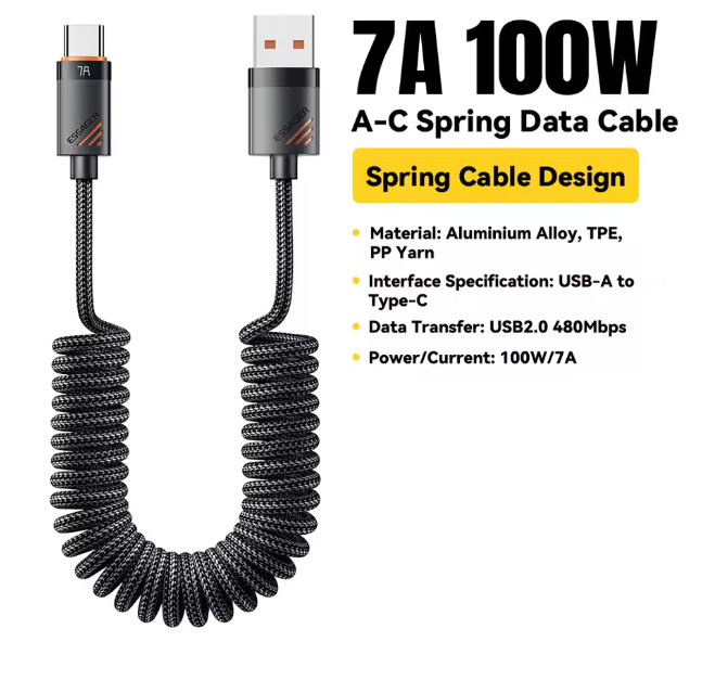 Essager Car Spring Type C Cable For iPhone 17 16 15 Pro Xiaomi Samsung 100W PD