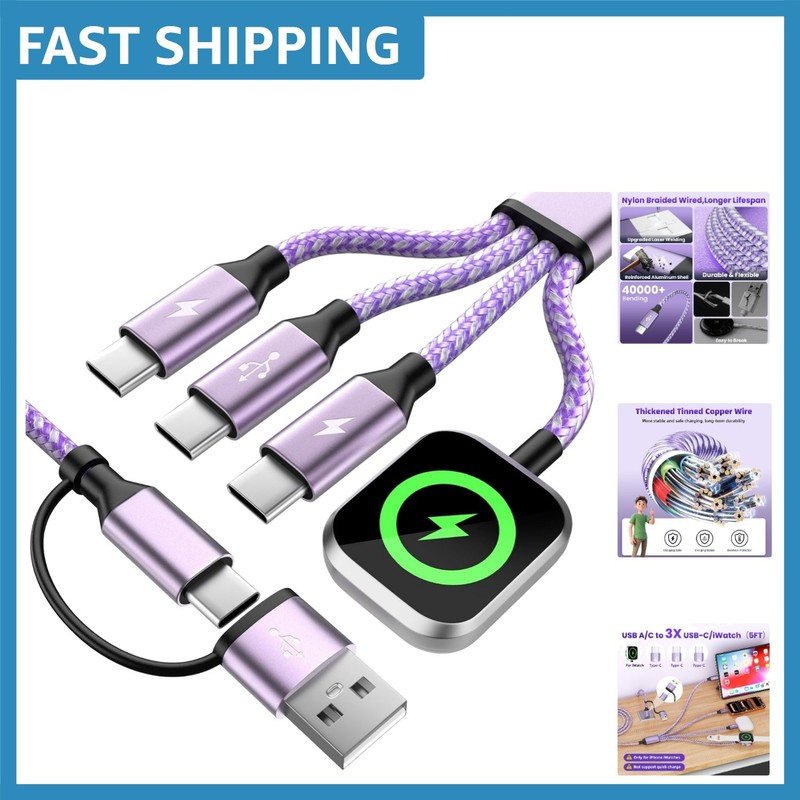 5FT Travel-Ready Braided Charging Cable for iWatch & Smartphones – 3 USB Ports
