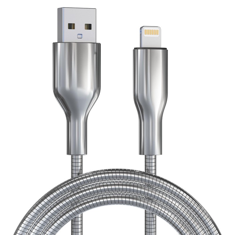 6FT Chew Proof iPhone Charger Cord – MFi Certified Silver Metal Braided USB t…