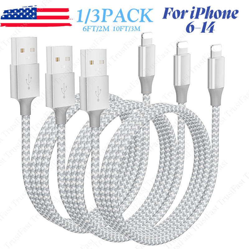 3X Lot USB Fast Charger Cable For iPhone 14/13/12/11/8/7/6 Plus/XR Cord 6Ft 10Ft