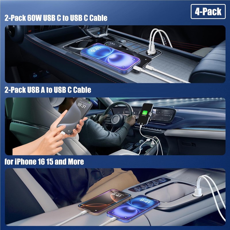 Car Carplay Cable for iPhone 17 16 15, 2-Pack 3.3FT 60W USB C to USB C Cable ... gallery
