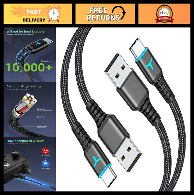 2 Pack 10FT USB Type C Charging Cable for PS5, Xbox Series X/S, Switch – LED Ind