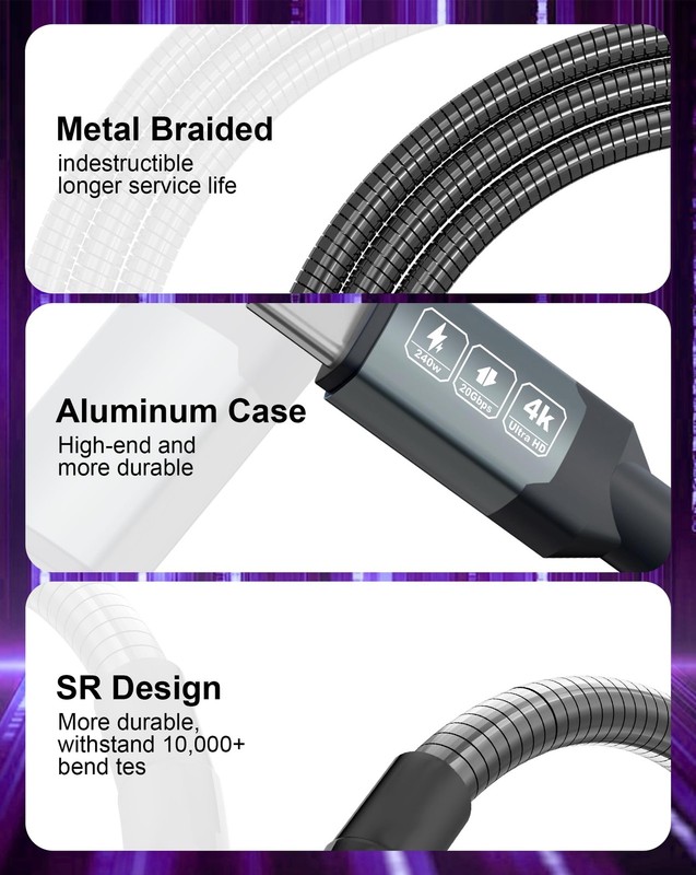 13ft Chew Proof Metal Braided USB-C to USB-C Cable - 240W PD Fast Charging, 2... gallery