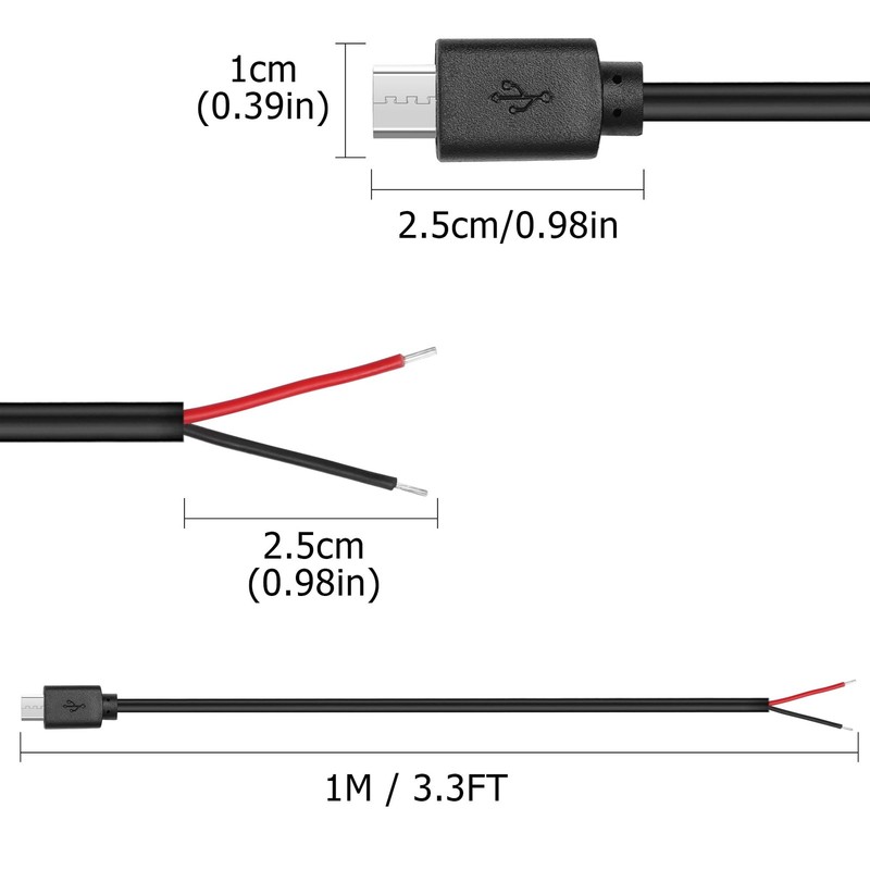 5 PCS Micro USB Male 2 Pin Bare Wire 5V 3A Open End Pigtail Power Cable PC gallery