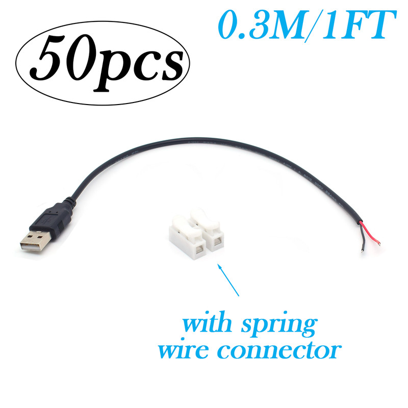 50x 22AWG USB 2.0 Male Pigtail Cable 0.3M/1FT 2-Pin DIY Repair Bare Wire 5V 3A